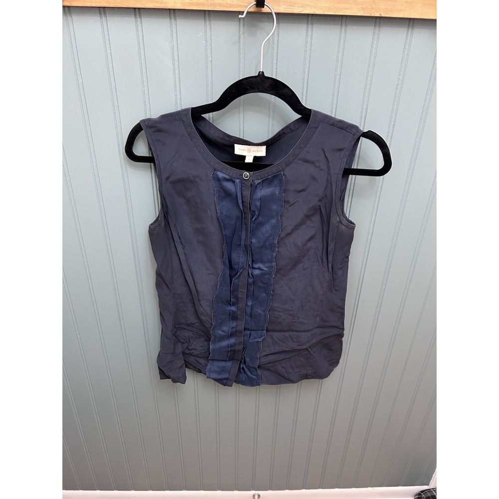 Tory Burch Womens Silk Sleeveless Button‎ Down Tank Top Navy Blue Size 4